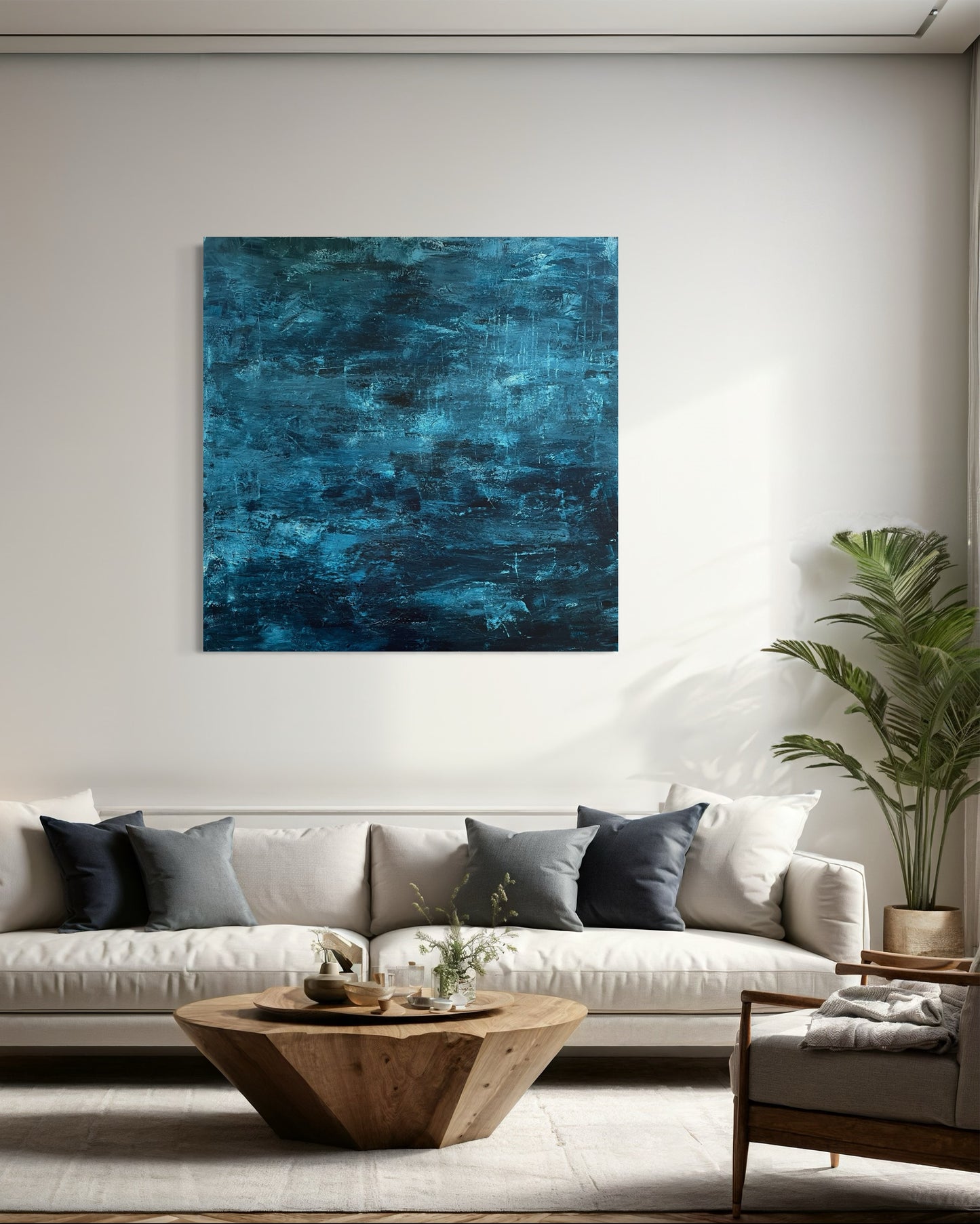 Maleri i vakre blåtoner, 100x100 cm, moderne veggkunst fra Galleri Breiland