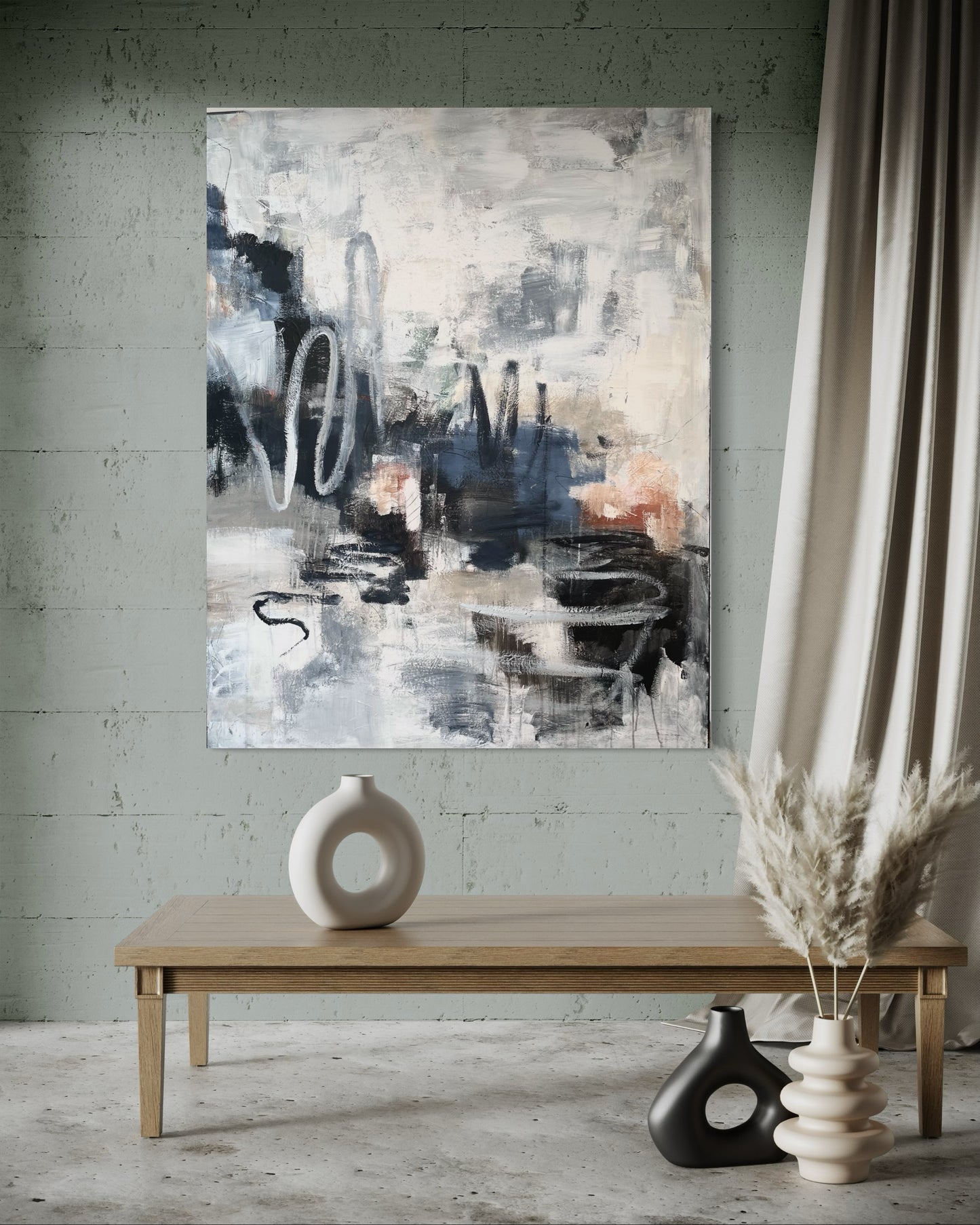 Tøft maleri i blå- og jordfarger, abstrakt kunst. Stort maleri. Passer inn i de fleste hjem og hytter.