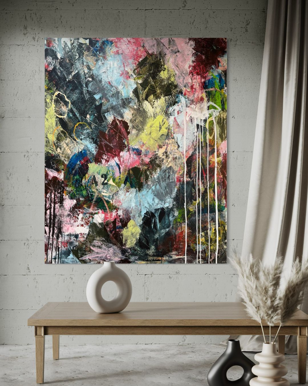 Abstrakt maleri i sterke energiske farger - And the Answer is..- original kunst fra Oslo - skap ditt unike hjem
