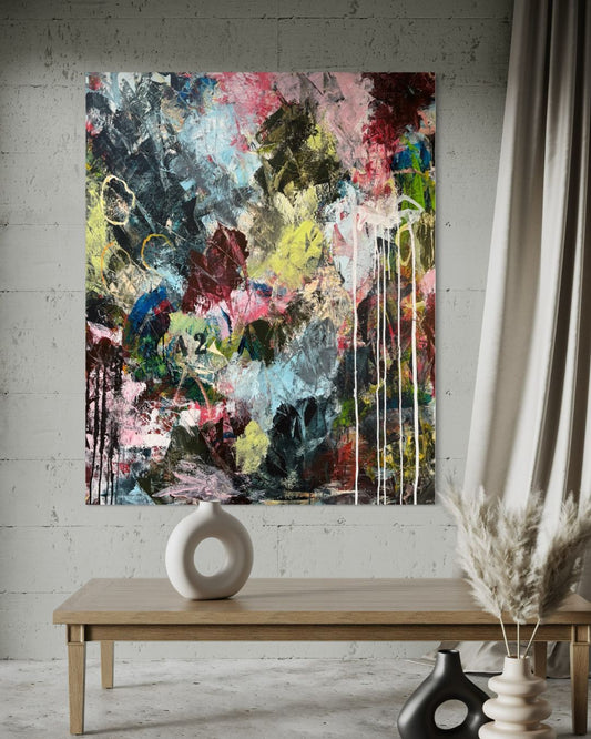 Abstrakt maleri i sterke energiske farger - And the Answer is..- original kunst fra Oslo - skap ditt unike hjem