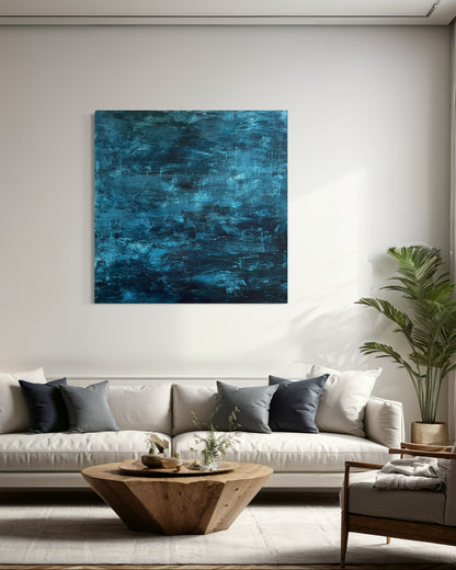 Maleri i vakre blåtoner, 100x100 cm, moderne veggkunst fra Galleri Breiland