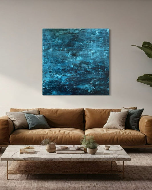 Abstrakt maleri i blåtoner - Ocean Poetry II- på dyp blindramme. Inspirert av havet
