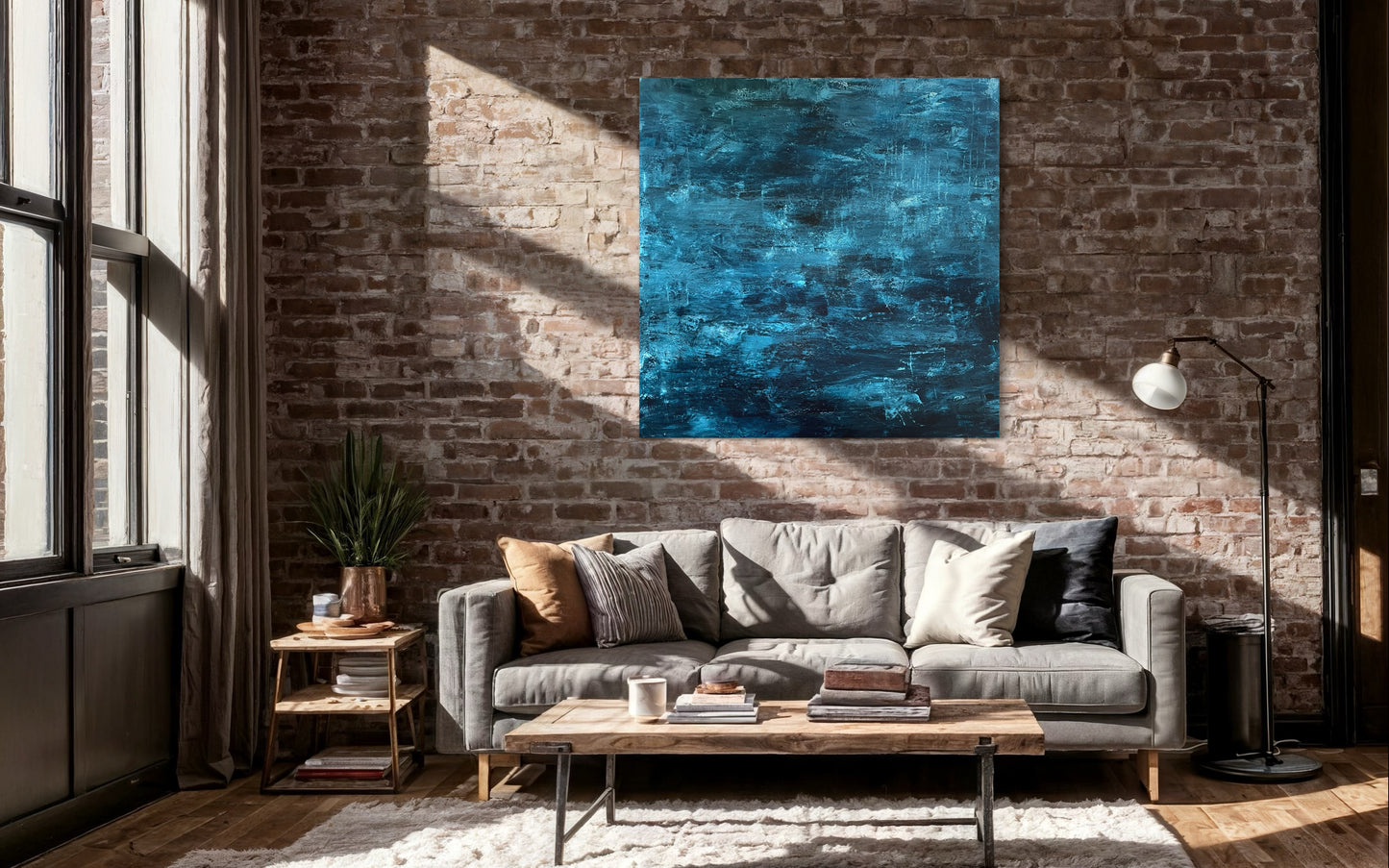 Ocean Poetry II - blåtoner - stort maleri - energiske penselsstrøk - kunst på vegg - Oslo - galleri Breiland