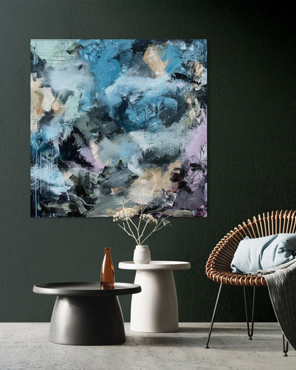 abstrakt maleri i blå, lilla og grønntoner. Inspirert av musikk av Elvis Presley er det malt med energiske penselstrøk. 