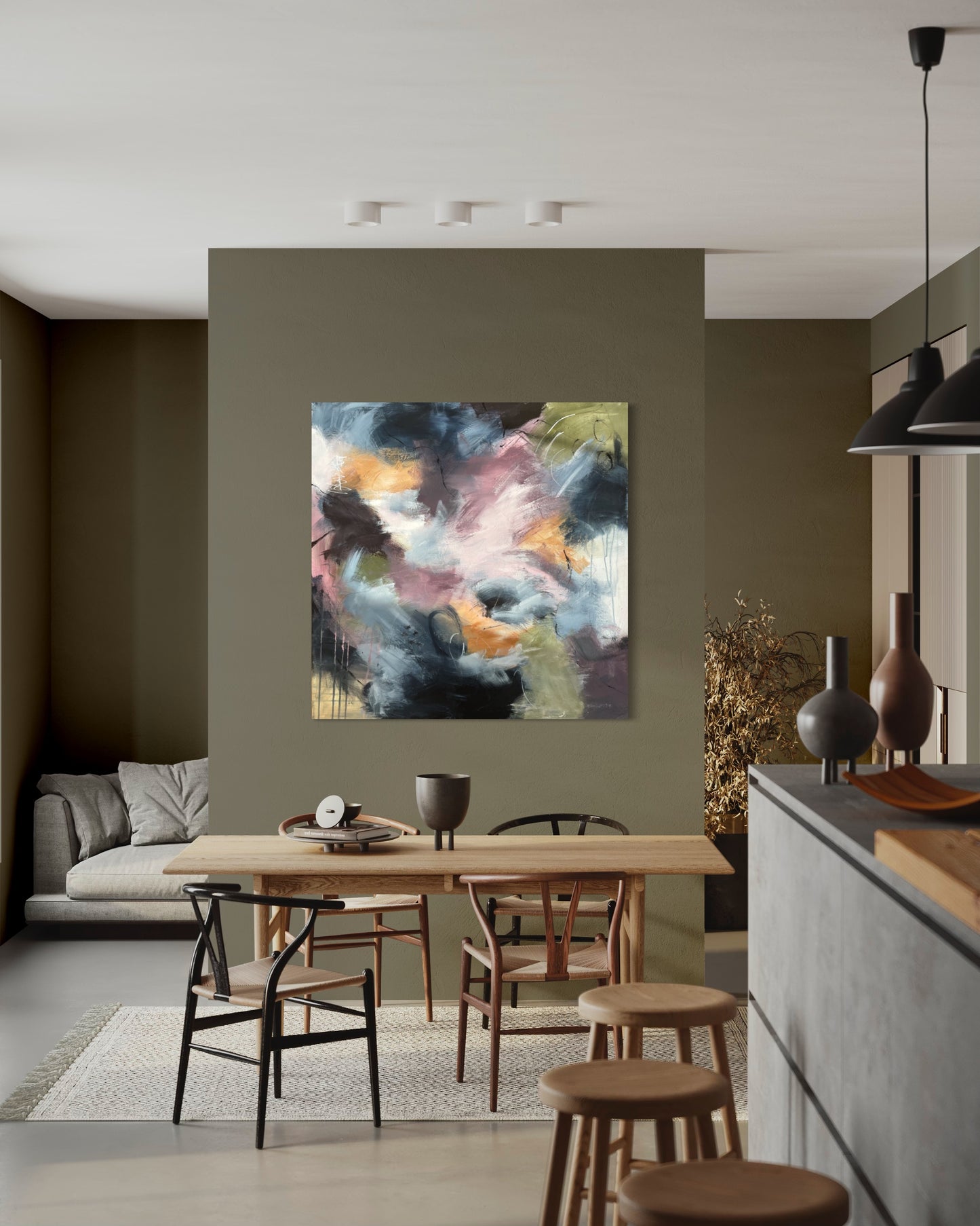 Abstrakt maleri i nydelige farger-håndmalt kunst fra Oslo