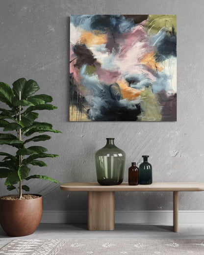 Astrakt maleri i nydelige farger- håndmalt kunst fra Oslo. Interiør-unik-håndlagd